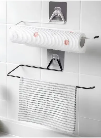 Multipurpose Self Adhesive Wall Mounted Hanger for Tissue &amp; Towel Holder Rack for Bathroom &amp; Kitchen (L30 x W9 x H4)cm - White