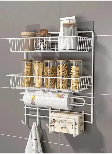 2-Layer Kitchen Organizer Wall-Mounted Pantry &amp; Towel Rack (L30 x W14 x H40)cm - White