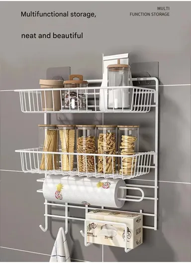 2-Layer Kitchen Organizer Wall-Mounted Pantry &amp; Towel Rack (L30 x W14 x H40)cm - White
