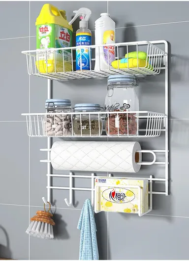 2-Layer Kitchen Organizer Wall-Mounted Pantry &amp; Towel Rack (L30 x W14 x H40)cm - White