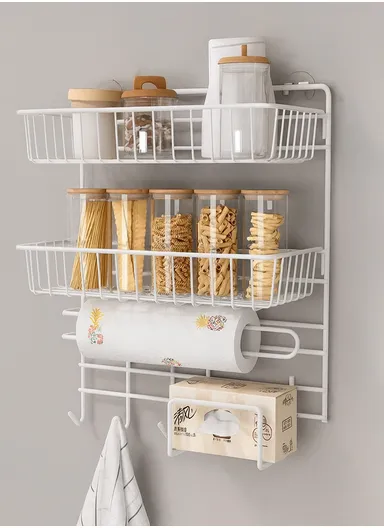 2-Layer Kitchen Organizer Wall-Mounted Pantry &amp; Towel Rack (L30 x W14 x H40)cm - White