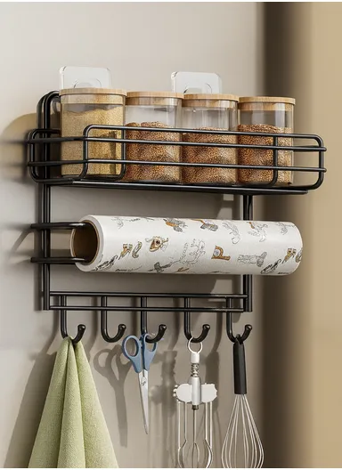 1-Layer Kitchen Organizer, Refrigerator Side Rack with Roll Holder &amp; 5 Hooks (W29.5 x D10 x H23.5)cm - Black