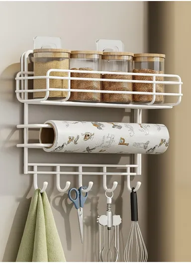 1-Layer Kitchen Organizer, Refrigerator Side Rack with Hooks (W30 x D10 x H25)cm - White