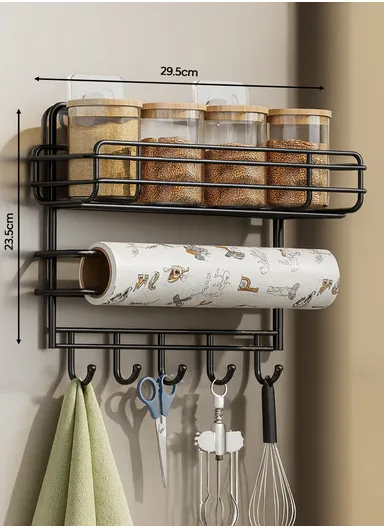 1-Layer Kitchen Organizer, Refrigerator Side Rack with Hooks (W30 x D10 x H25)cm - White