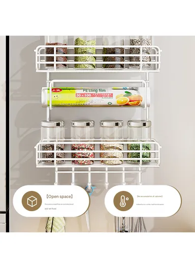 2-Layer Kitchen Organizer, Refrigerator Side Rack with Roll Holder &amp; 5 Hooks CY-0236 (W29.5 x D16 x H39.5)cm - Black