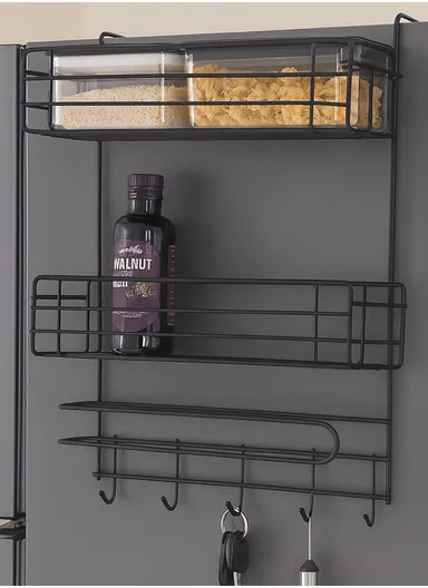 2-Layer Kitchen Organizer, Refrigerator Side Rack with Roll Holder &amp; 5 Hooks CY-0236 (W29.5 x D16 x H39.5)cm - Black