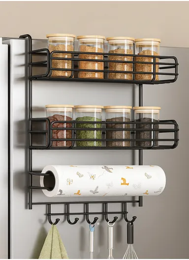 2-Layer Kitchen Organizer, Refrigerator Side Rack with Roll Holder &amp; 5 Hooks CY-0236 (W29.5 x D16 x H39.5)cm - White