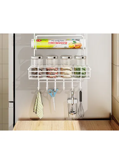 2-Layer Kitchen Organizer, Refrigerator Side Rack with Roll Holder &amp; 5 Hooks CY-0236 (W29.5 x D16 x H39.5)cm - White