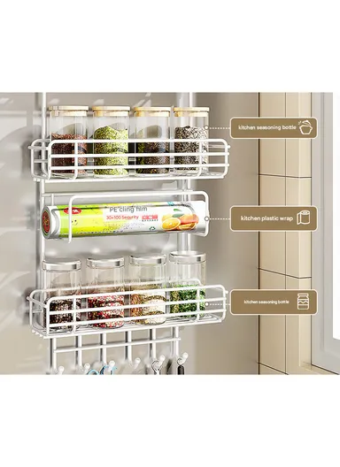 2-Layer Kitchen Organizer, Refrigerator Side Rack with Roll Holder &amp; 5 Hooks CY-0236 (W29.5 x D16 x H39.5)cm - White
