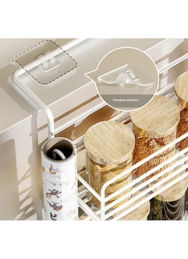 2-Layer Kitchen Organizer, Refrigerator Side Rack with Roll Holder &amp; 5 Hooks CY-0236 (W29.5 x D16 x H39.5)cm - White