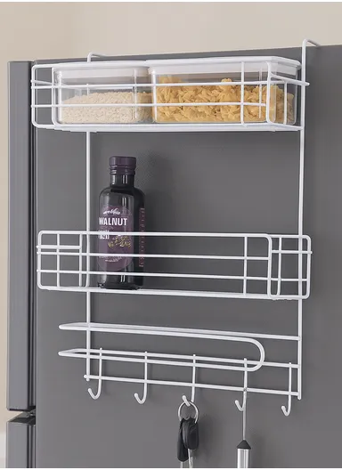 2-Layer Kitchen Organizer, Refrigerator Side Rack with Roll Holder &amp; 5 Hooks CY-0236 (W29.5 x D16 x H39.5)cm - White