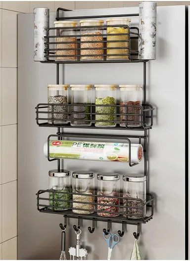 3-Tier Side Storage Rack, Metal Spice Holder &amp; Kitchen Organizer with Hooks CY-0186 - Black