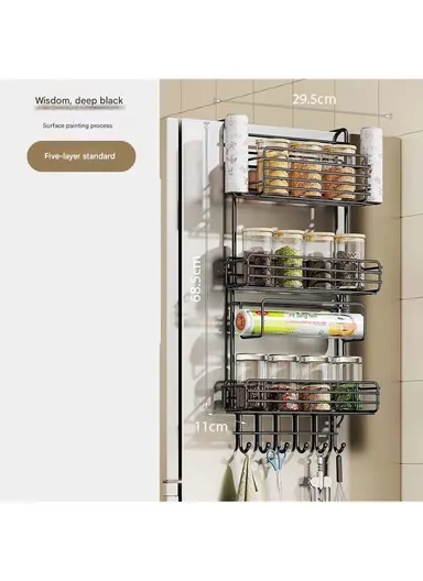 3-Tier Side Storage Rack, Metal Spice Holder &amp; Kitchen Organizer with Hooks CY-0186 - Black