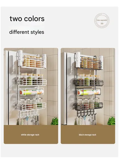 3-Tier Side Storage Rack, Metal Spice Holder &amp; Kitchen Organizer with Hooks CY-0186 - Black