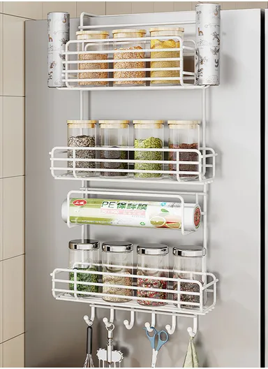 3-Tier Side Storage Rack, Metal Spice Holder &amp; Kitchen Organizer with Hooks CY-0186 - White