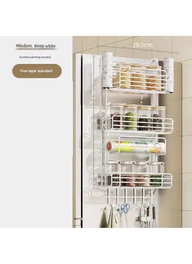 3-Tier Side Storage Rack, Metal Spice Holder &amp; Kitchen Organizer with Hooks CY-0186 - White