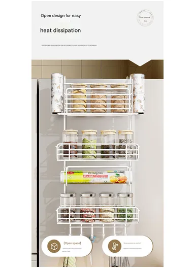 3-Tier Side Storage Rack, Metal Spice Holder &amp; Kitchen Organizer with Hooks CY-0186 - White