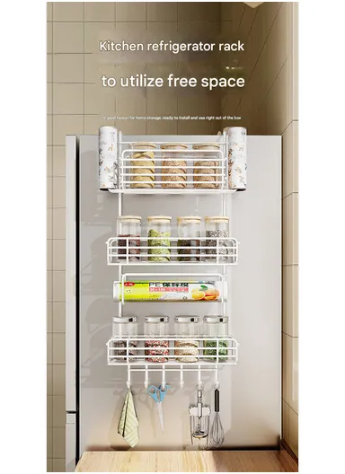 3-Tier Side Storage Rack, Metal Spice Holder &amp; Kitchen Organizer with Hooks CY-0186 - White