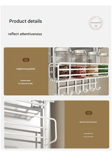 3-Tier Side Storage Rack, Metal Spice Holder &amp; Kitchen Organizer with Hooks CY-0186 - White