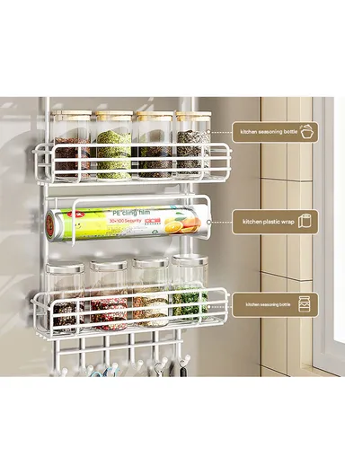 3-Tier Side Storage Rack, Metal Spice Holder &amp; Kitchen Organizer with Hooks CY-0186 - White