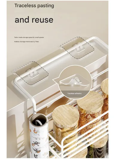 3-Tier Side Storage Rack, Metal Spice Holder &amp; Kitchen Organizer with Hooks CY-0186 - White