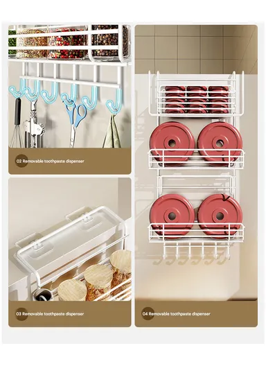3-Tier Side Storage Rack, Metal Spice Holder &amp; Kitchen Organizer with Hooks CY-0186 - White