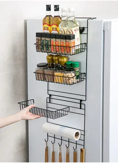 3-Tiers Hanging Kitchen Storage Rack with Hooks &amp; Towel Holder - Black