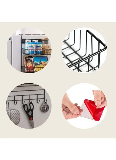 3-Tiers Hanging Kitchen Storage Rack with Hooks &amp; Towel Holder - Black