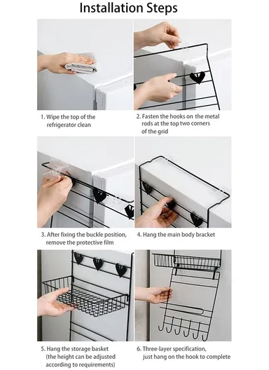 3-Tiers Hanging Kitchen Storage Rack with Hooks &amp; Towel Holder - Black