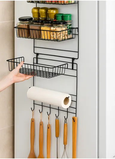 3-Tiers Hanging Kitchen Storage Rack with Hooks &amp; Towel Holder - Black