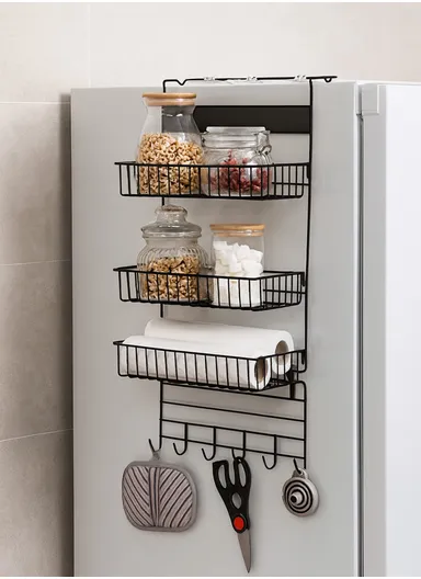 3-Tiers Hanging Kitchen Storage Rack with Hooks &amp; Towel Holder - Black