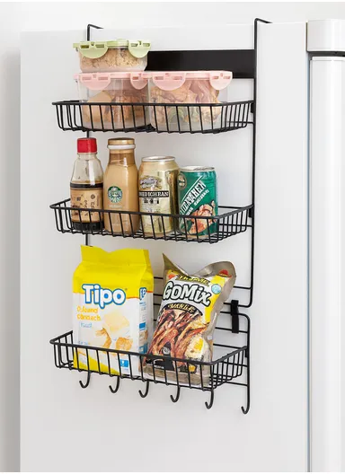 3-Tiers Hanging Kitchen Storage Rack with Hooks &amp; Towel Holder - Black