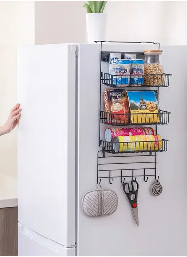 3-Tiers Hanging Kitchen Storage Rack with Hooks &amp; Towel Holder - Black