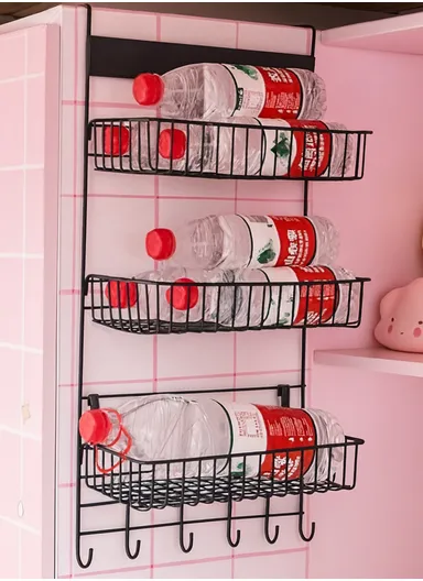 3-Tiers Hanging Kitchen Storage Rack with Hooks &amp; Towel Holder - Black