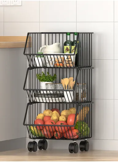 3-Tier Kitchen Vegetable &amp; Fruit Cart, Stackable Iron Basket Storage Rack with Wheels CY-0201 - Black / 30cm