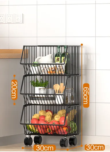 3-Tier Kitchen Vegetable &amp; Fruit Cart, Stackable Iron Basket Storage Rack with Wheels CY-0201 - Black / 30cm
