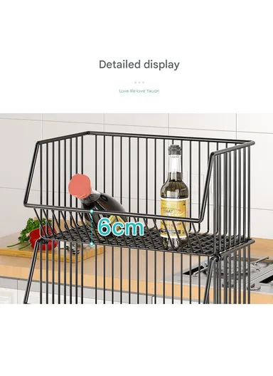 3-Tier Kitchen Vegetable &amp; Fruit Cart, Stackable Iron Basket Storage Rack with Wheels CY-0201 - Black / 30cm