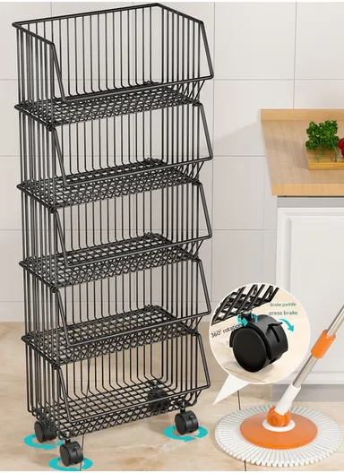 3-Tier Kitchen Vegetable &amp; Fruit Cart, Stackable Iron Basket Storage Rack with Wheels CY-0201 - Black / 30cm