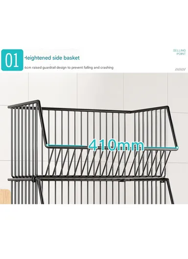 3-Tier Kitchen Vegetable &amp; Fruit Cart, Stackable Iron Basket Storage Rack with Wheels CY-0201 - Black / 30cm