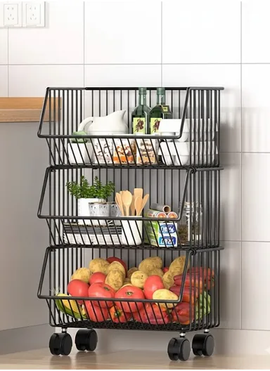 3-Tier Kitchen Vegetable &amp; Fruit Cart, Stackable Iron Basket Storage Rack with Wheels CY-0202 - Black / 40cm