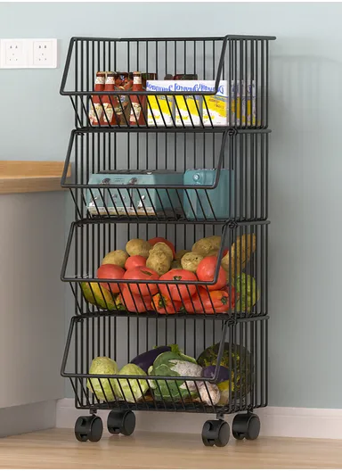 4-Tier Kitchen Vegetable &amp; Fruit Cart, Stackable Iron Basket Storage Rack with Wheels CY-0202 - Black / 40cm