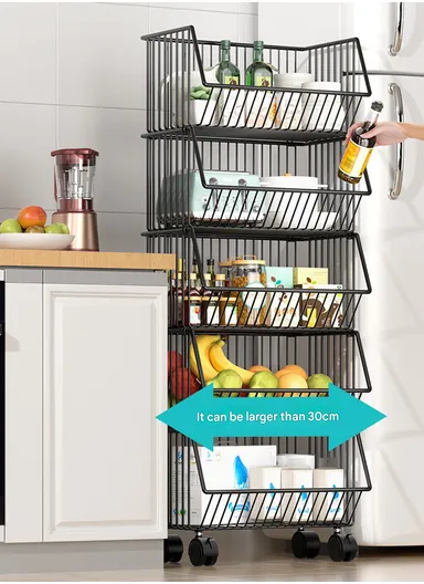 4-Tier Kitchen Vegetable &amp; Fruit Cart, Stackable Iron Basket Storage Rack with Wheels CY-0202 - Black / 40cm
