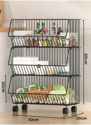 3-Tier Kitchen Vegetable &amp; Fruit Cart, Stackable Iron Basket Storage Rack with Wheels CY-0203 - Black / 50cm