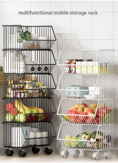 3-Tier Kitchen Vegetable &amp; Fruit Cart, Stackable Iron Basket Storage Rack with Wheels CY-0203 - Black / 50cm