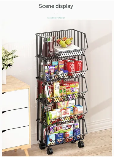 3-Tier Kitchen Vegetable &amp; Fruit Cart, Stackable Iron Basket Storage Rack with Wheels CY-0203 - Black / 50cm