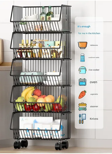 3-Tier Kitchen Vegetable &amp; Fruit Cart, Stackable Iron Basket Storage Rack with Wheels CY-0203 - Black / 50cm