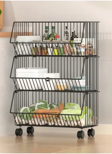 3-Tier Kitchen Vegetable &amp; Fruit Cart, Stackable Iron Basket Storage Rack with Wheels CY-0203 - Black / 50cm