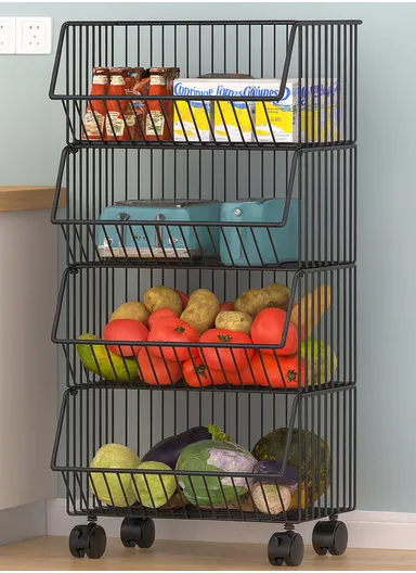 4-Tier Kitchen Vegetable &amp; Fruit Cart, Stackable Iron Basket Storage Rack with Wheels CY-0203 - Black / 50cm