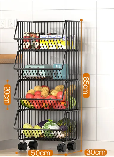 4-Tier Kitchen Vegetable &amp; Fruit Cart, Stackable Iron Basket Storage Rack with Wheels CY-0203 - Black / 50cm