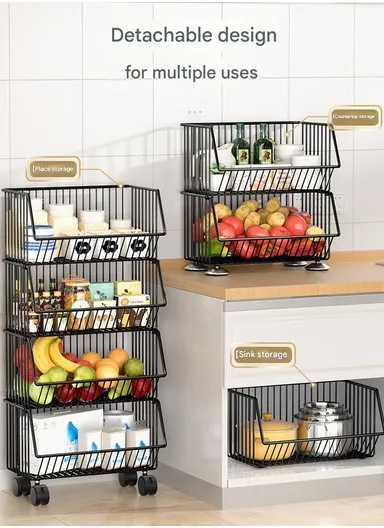 4-Tier Kitchen Vegetable &amp; Fruit Cart, Stackable Iron Basket Storage Rack with Wheels CY-0203 - Black / 50cm